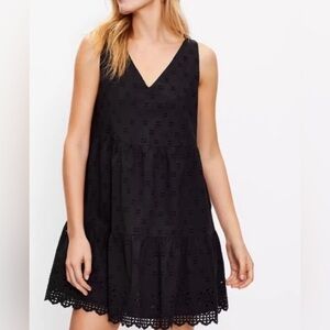 Loft Womens Black Eyelet Tiered Swing V‑Neck Sleeveless Dress Small Boho